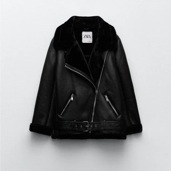 Zara Black Faux Leather Shearling Biker Jacket - Picture 1 of 16